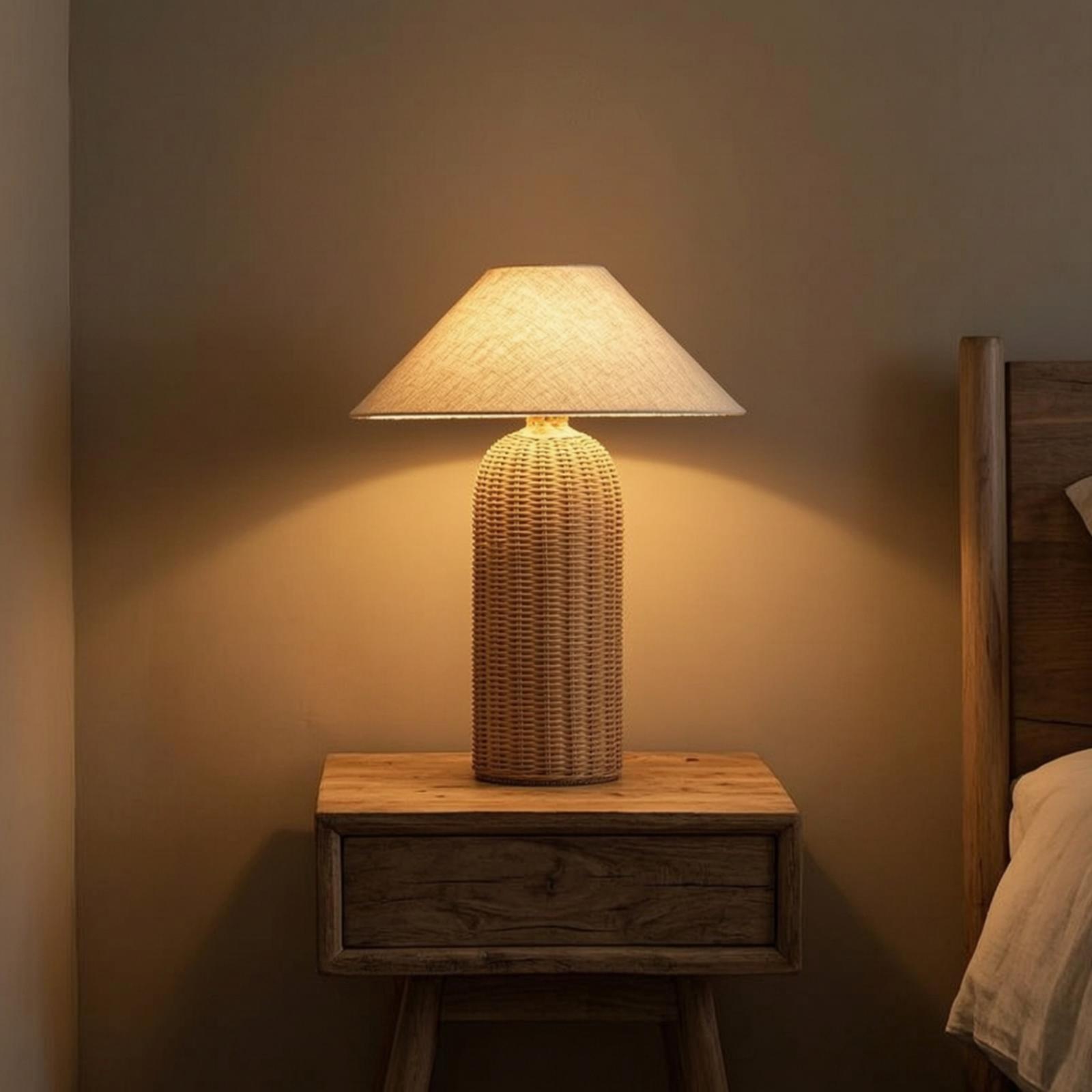 Desk Lamp - โคมไฟข้างเตียง ฐานหวาย โคมผ้า โคมไฟตั้งโต๊ะ ไฟตกแต่งสำหรับห้องนอน ห้องนั่งเล่น