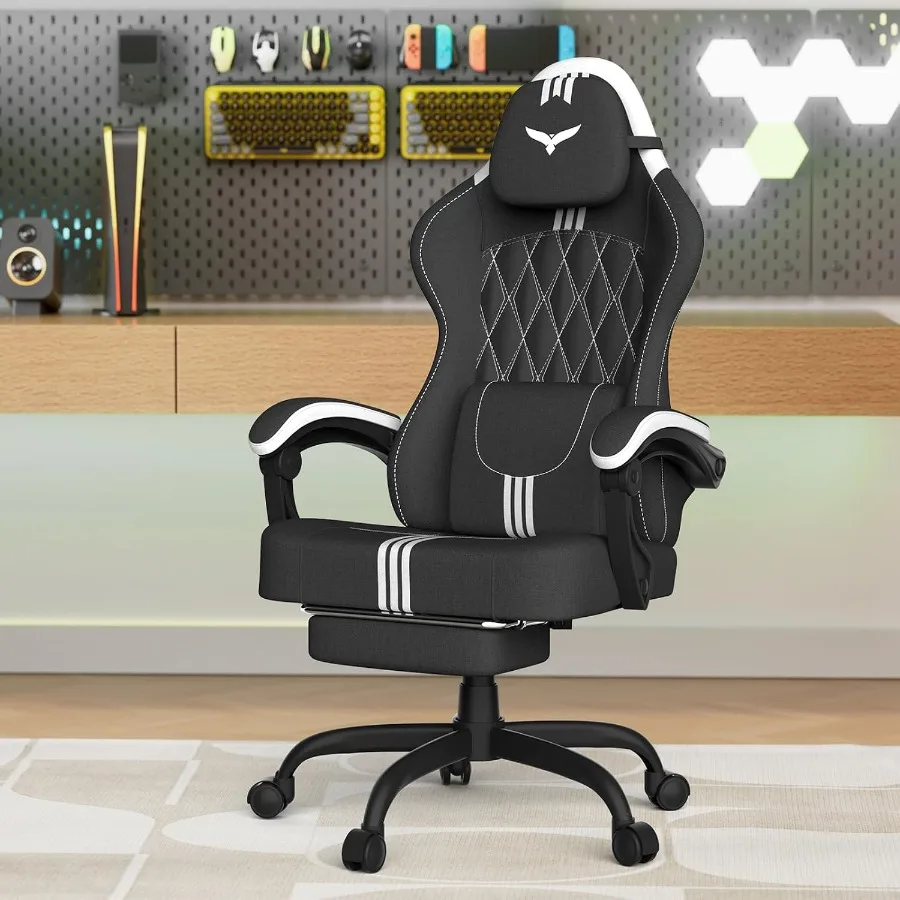 Office Chair Cushion - เก้าอี้สำนักงานที่ออกแบบตามหลักสรีรศาสตร์ เหมาะสำหรับใช้ที่บ้านและเล่นเกม บุด้วยผ้าลินินสีเบจ มีเบาะรองนั่งแบบสปริงพ็อกเก็ตที่กว้าง 20 นิ้ว